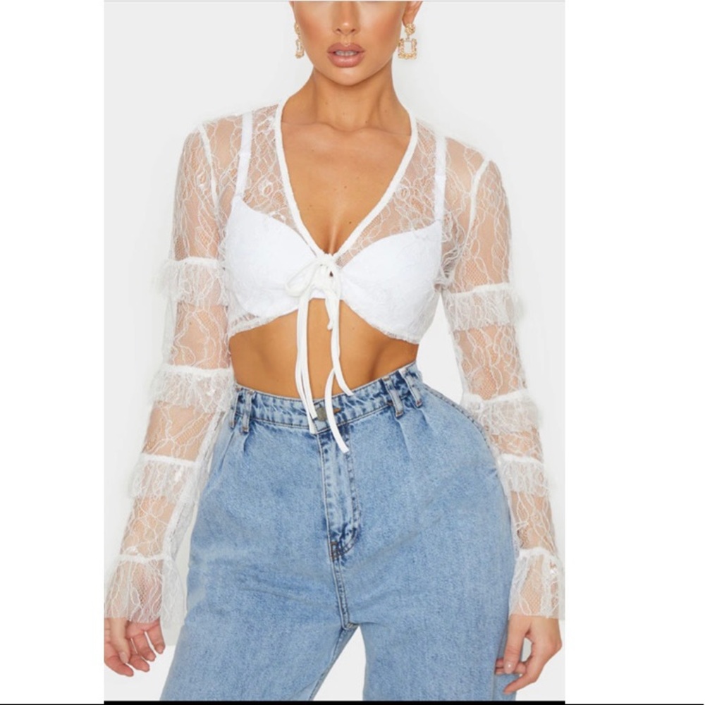 White Lace Frill Tiered Sleeve Tie Front Blouse